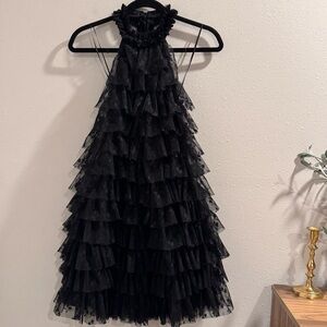 MABLE Small Black Floral Halter Chiffon Lace Tier Tulle Ruffle Mini Dress Party